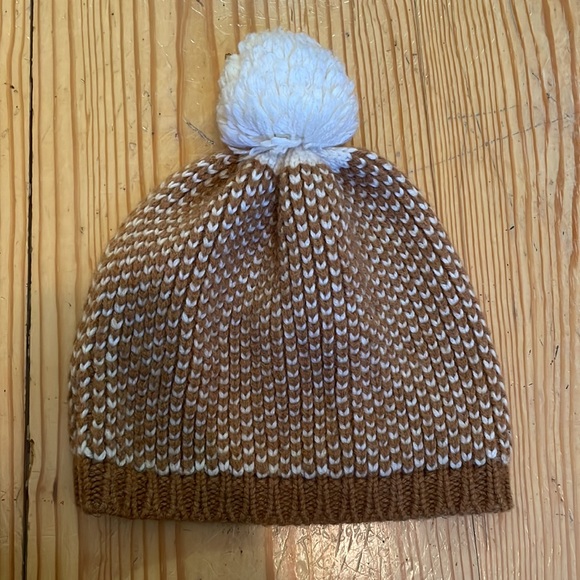 J. Crew winter hat knit pom pom hat wool blend tan and white beanie